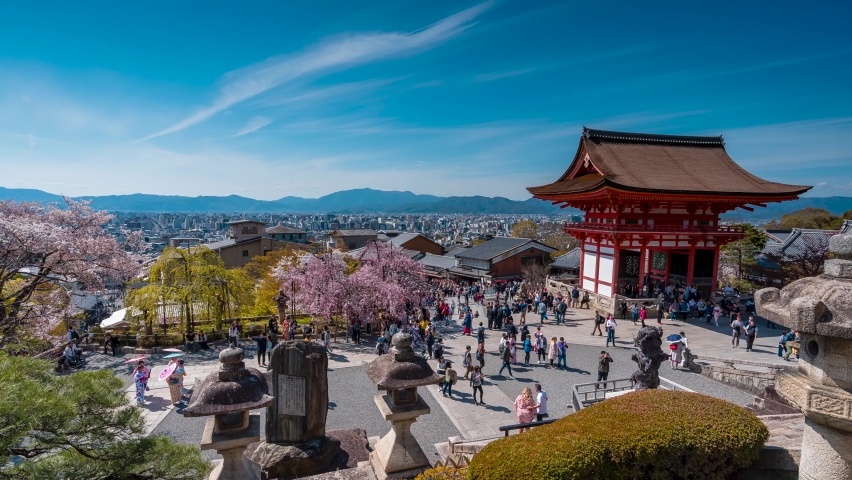 Kyoto City in Japan historical buildings tourist attraction timelapse Kiyomizu-dera Temple Imperial Palace Daitoku-ji Temple people walking in kimono male and female city on the island of Honshu Royalty-Free Stock Footage #1088561777