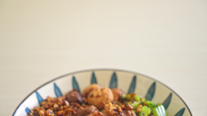 dried egg noodle with pork and meatball - Thai noodles style