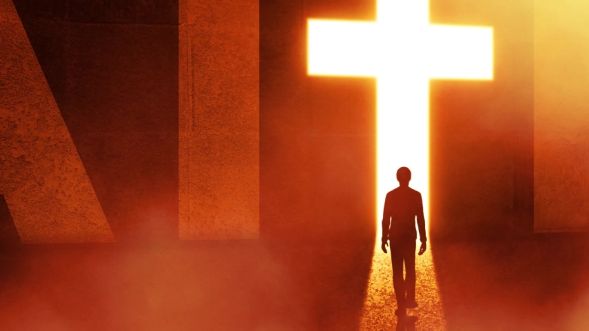 Young Man Getting Out From A Dark Room Thought A Big Cross Light Door. Faith Glowing Bright Gate and Grunge Dusty Hall. Salvation, Spirituality and Christianity Concept Spiritual Scene Video	 Royalty-Free Stock Footage #1088563235