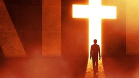 Young Man Getting Out From A Dark Room Thought A Big Cross Light Door. Faith Glowing Bright Gate and Grunge Dusty Hall. Salvation, Spirituality and Christianity Concept Spiritual Scene Video	