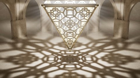 Pyramid shadow lamp casting shadows. Bottom shot animation. 3D render 4K motion graphics background for TV shows, documentary movie, catwalk stage design, Arabian Night or 1000 and 1 Nights projects.