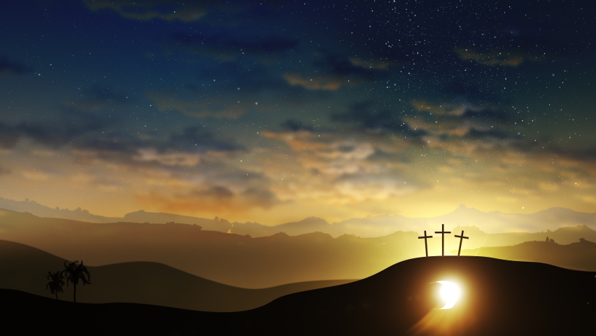 Three crosses on the hill and Jesus tomb with clouds moving on the starry sky. Easter, resurrection, new life, redemption concept. Seamless looping background 4k | Shutterstock HD Video #1088564943