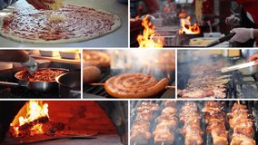 Cooking In A Commercial Kitchen Multi Screen Video Montage. Chef Cooking With Fire In Frying Pan. Cooking Pizza in a Wood Fired Brick Oven. Grilling Delicious Chicken Breasts and  Sausages. 