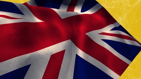 Animation of flag of uk and network of connections on yellow background. global business and digital interface concept digitally generated video.
