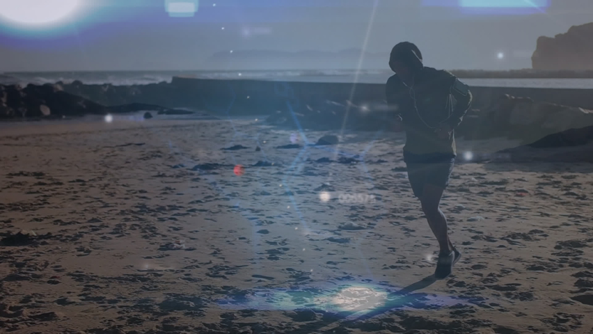 Animation of dna strand spinning and data processing over african american man running. global sports, active lifestyle and data processing concept digitally generated video. - Powered by Shutterstock - Get 15% off with code: PIKWIZARD15