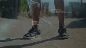 Animation of dna strand spinning and data processing over african american man in runnings shoes. global sports, active lifestyle and data processing concept digitally generated video.