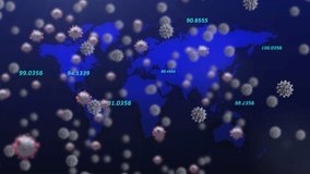 Animation of covid 19 cells and data processing over world map. global covid 19 pandemic and data processing concept digitally generated video. - Powered by Shutterstock - Get 15% off with code: PIKWIZARD15