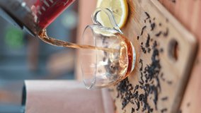VERTICAL VIDEO POV pouring fresh fragrance black hot tea from teapot to transparent glass cup at kitchen slowmo. Serving cuisine wooden table for morning breakfast appetizing break relaxation 