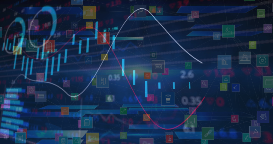 Animation of data processing over media icons. global business, finances, connections and digital interface concept digitally generated video.