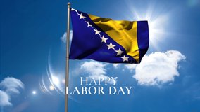Animation of happy labor day text over flag of bosnia and herzegovina and clouds. labor day and celebration concept digitally generated video. - Powered by Shutterstock - Get 15% off with code: PIKWIZARD15