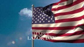 Animation of happy labor day text over flag of usa and clouds. labor day and celebration concept digitally generated video.