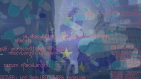 Animation of data processing and pills falling over european map, cityscape and european union flag. european economy, politics and technology concept digitally generated video. - Powered by Shutterstock - Get 15% off with code: PIKWIZARD15