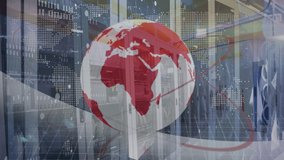 Animation of globe rotating over world map, connections and server room. global network, connections, data processing and technology concept digitally generated video. - Powered by Shutterstock - Get 15% off with code: PIKWIZARD15