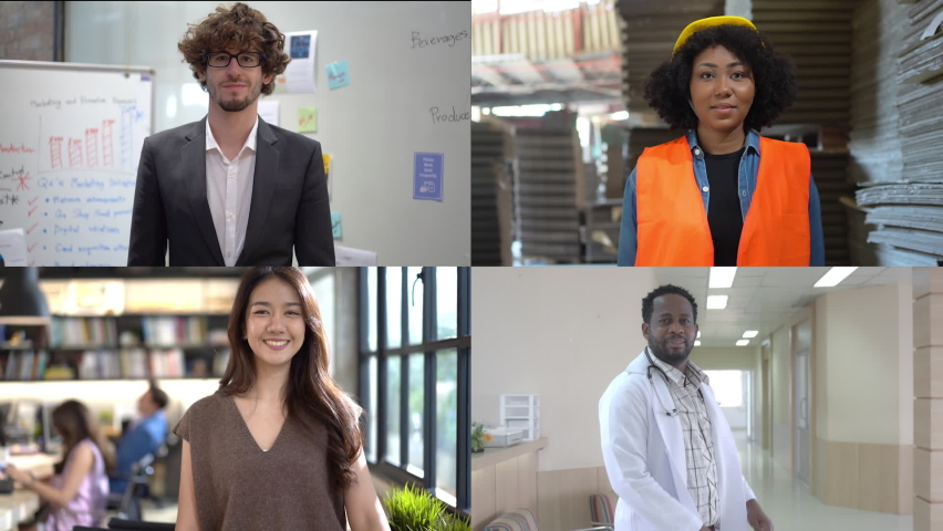 A four-screen video of happy diverse multiethnic people, men and women, Caucasian, African, Asian, and African-American, with different occupations, standing with arms crossed and smiling at camera. Royalty-Free Stock Footage #1088571421