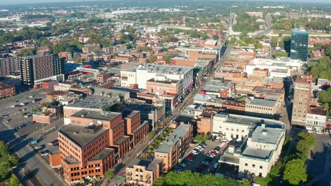 Aerial Drone of Trois-Rivières Quebec Downtown. Rue Des Forges During Sunny Day. Establishing Shot of City Camera Moves Forward