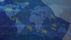 Animation of financial data and european union flag over world map and electricity pole at dusk. economy, energy and european politics concept digitally generated video.