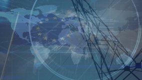 Animation of financial data, world map and european union flag over electricity pole at dusk. economy, energy and european politics concept digitally generated video. - Powered by Shutterstock - Get 15% off with code: PIKWIZARD15
