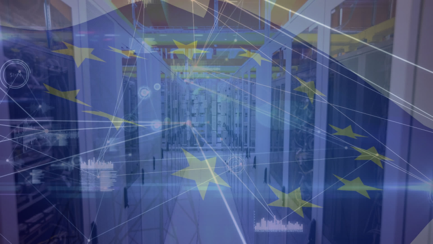 Animation of connections and european union flag over servers. economy, finance, technology and european politics concept digitally generated video. - Powered by Shutterstock - Get 15% off with code: PIKWIZARD15