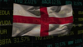 Animation of financial data and graphs over waving flag of england. global economy, finance, politics and countries concept digitally generated video,.