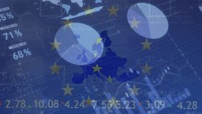Animation of diverse financial data and graphs over european union flag and world map. european economy, finance, politics and technology concept digitally generated video. - Powered by Shutterstock - Get 15% off with code: PIKWIZARD15