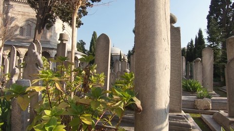 First-person view walking in historic graveyard of Suleymaniye mosque, Istanbul in Turkey.