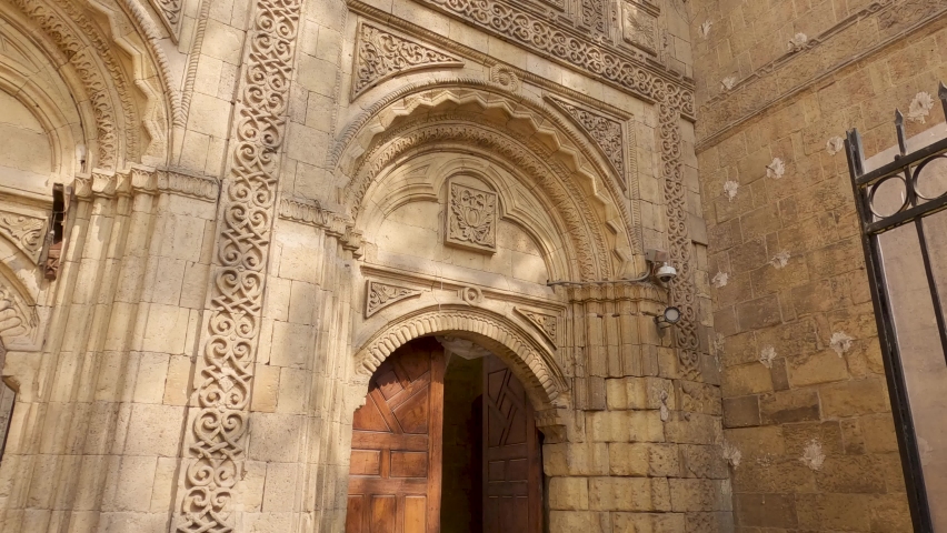 Scenic entrance of Al Azhar Mosque, Stone doorway details, Cairo