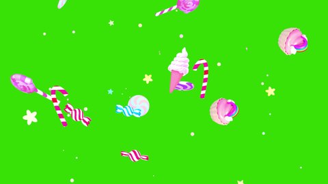 Looped bouncing cartoon candies on green screen background animation.