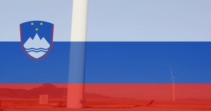 Animation of flag of slovenia over wind turbine. ukraine crisis and international politics concept digitally generated video.