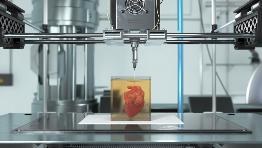 3d Printer Device Makes Heart Organ With Liquid Material. 3d Printer Machine Produces Heart Organ For Medicine. Mechanism Of Robotic 3d Printer Fabricates Heart. Replicating Organ For Transplantation