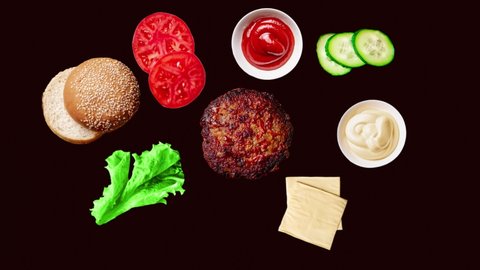 Hamburger ingredients appear and turn into a whole hamburger. Hamburger day. Cooking concept. Dark background. Animation.
