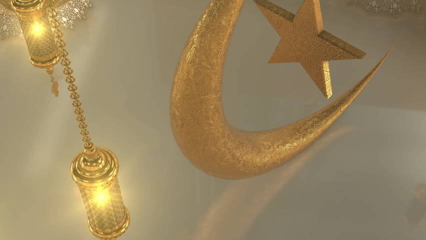 Ramadan Kareem Opener. The holy month of Muslims, Ramadan. Golden Moon, stars and lanterns. An impressive 3d animation for Ramadan. 3D Rendering. Royalty-Free Stock Footage #1088577743
