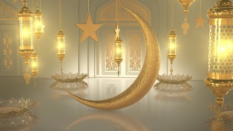 Ramadan Kareem. The holy month of Muslims, Ramadan. Golden Moon, stars and lanterns. An impressive 3d animation for Ramadan. 3D Rendering.