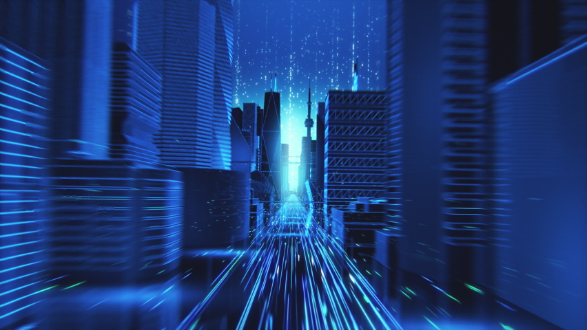 Digital VFX 3D Render of a Futuristic Business City. Camera Flowing Through the Abstract Streets with Technological Interconnected Lines Representing Worldwide Web, Internet Connectivity and Big Data. Royalty-Free Stock Footage #1088578449