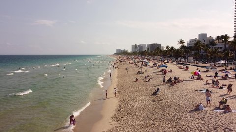 Fort Lauderdale, FL, USA - March 20, 2022: Aerial video Spring Break 2022 Fort Lauderdale Beach FL