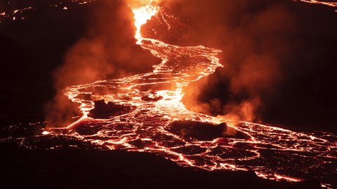 Eruption River Flowing Lava Night Iceland Stock Footage Video (100% 