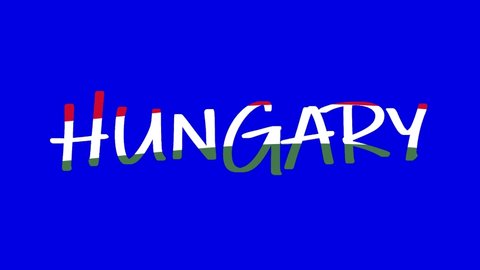 HUNGARY - Text animation in the colors of the national flag isolated on a blue background