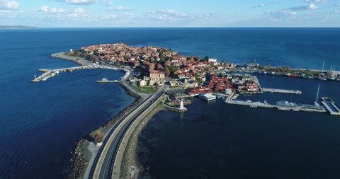 Aerial view of Nessebar, ancient city on the Black Sea coast of Bulgaria.