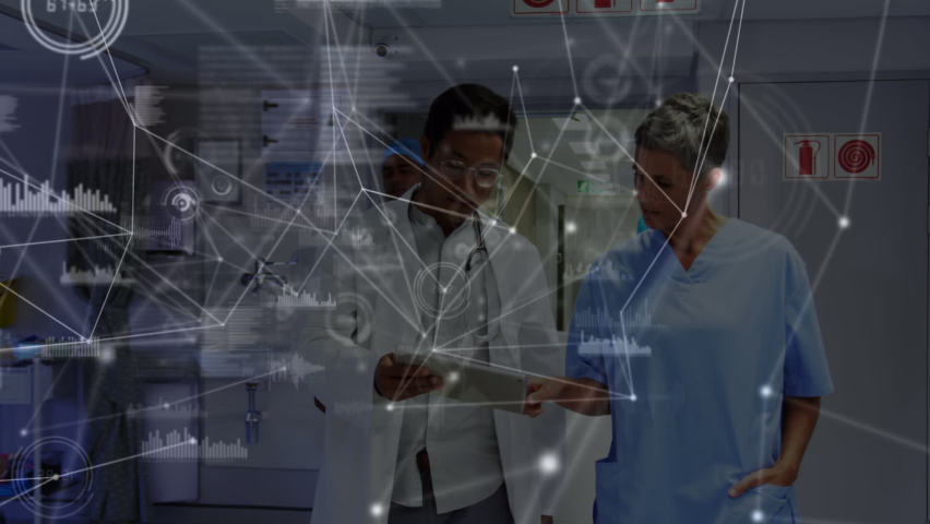 Animation of network of connections over diverse doctors. global medecine, healthcare and connections concept digitally generated video.
