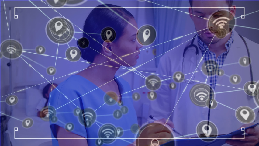 Animation of network of connections over diverse doctors and patient. global medecine, healthcare and connections concept digitally generated video.