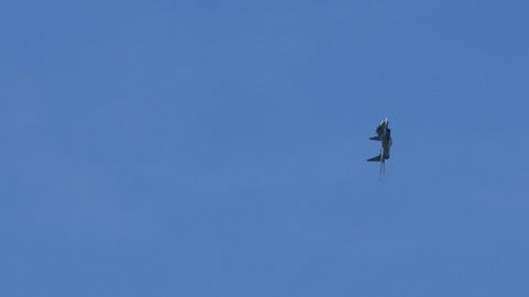 Zeltweg Austria SEPTEMBER, 3, 2016 Military plane in flight in blue sky. Mikoyan Gurevich MiG-29 Fulcrum of Polish Air Force