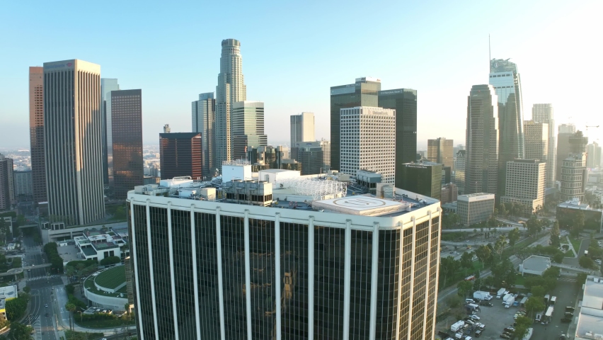 LOS ANGELES, CA, USA - March 15, 2022: Aerial view downtown Los Angeles. Drone shot of LA skyline, modern office buildings, skyscrapers, banks, apartments. Urban life, financial business city center 