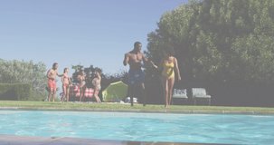 Animation of bubbles over smiling african american friends at pool party. global sport and digital interface concept digitally generated video.