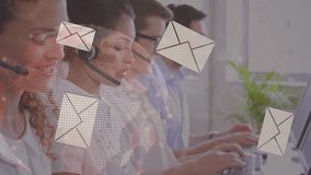 Animation of data processing and envelopes icons over diverse business people using phone headsets. global business and digital interface concept digitally generated video.