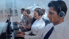Animation of data processing over diverse business people using phone headsets. global business and digital interface concept digitally generated video.