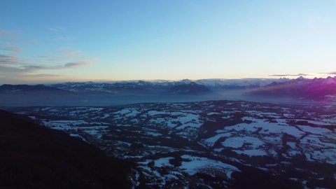 Drone view of the sunrise on the Salève. Mountain of Haute-Savoie in France