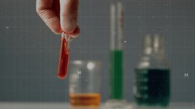 Animation of mathematical equations over beaker with liquid and test tube. global science and digital interface concept digitally generated video.