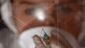 Animation of mathematical equations and shapes over syringe and caucasian female scientist. global science and digital interface concept digitally generated video. - Powered by Shutterstock - Get 15% off with code: PIKWIZARD15