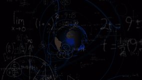 Animation of mathematical equations over globe on black background. global education and digital interface concept digitally generated video.