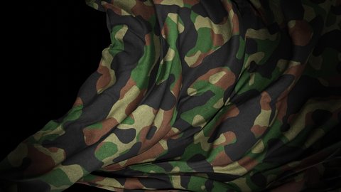 Realistic slow motion 3D animation of the dark khaki camouflage pattern cotton cloth as fly away opener rendered in UHD with alpha matte