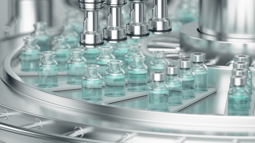 Looping 3d footage. Covid-19 vaccine manufacturing, machine puts caps on bottles with clear blue liquid, vials passing on conveyor belt. Pharmaceutical company production line Royalty-Free Stock Footage #1088594341